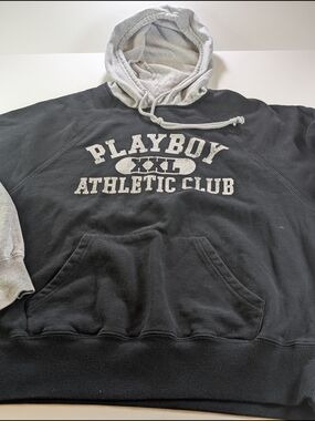 Vintage Style Playboy Athletic Club Double Layer Hoodie Black Gray Size Small